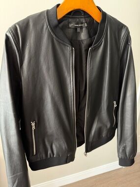 Zara Black Leather Bomber with Silver Zippers